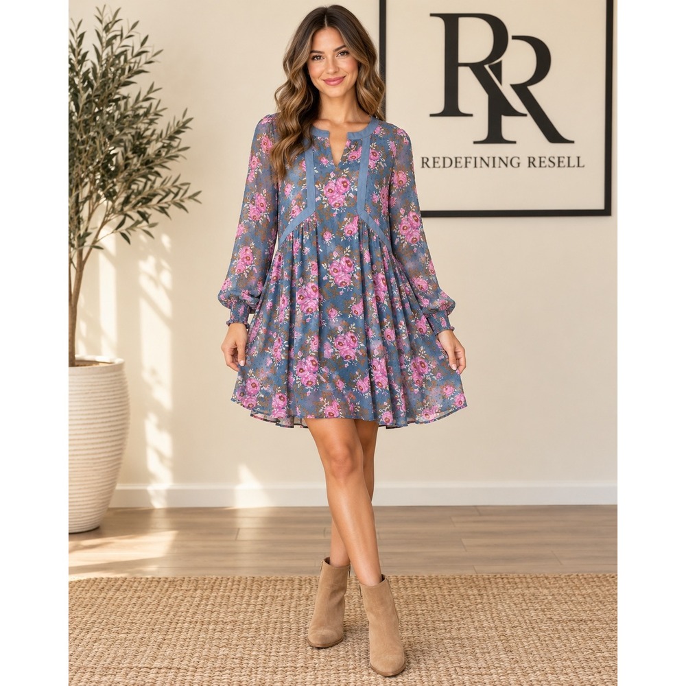Matilda Jane Blue Pink Floral Swiss Dot Babydoll Mini Dress XS Long Sleeve